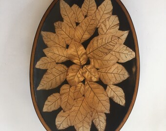 Vintage Large Resin  Bowl Tray with Leaves impression black and gold shallow platter bowl impressive table decor unusual coffee table decor