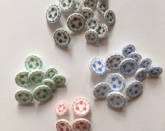 Vintage glass buttons SET of 40 white glass flower buttons with red navy blue green and black buttons assorted colors for sewing slow stitch