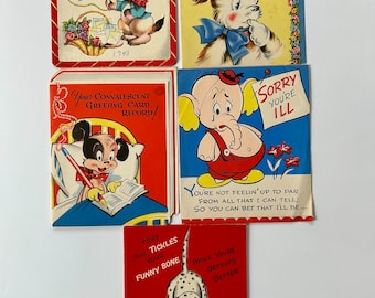 Vintage Cute 1950 get well cards Cartoon Dogs and elephant  ephemera Greeting card junk journals scrapbooking and cards supply set of 5