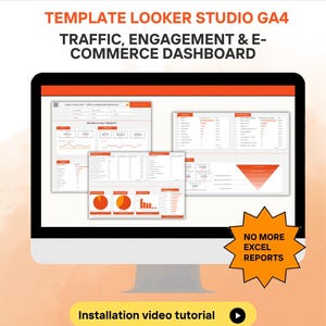 May include: A computer monitor shows a dashboard with data visualizations. The screen displays charts, graphs, and tables related to traffic, engagement, and e-commerce. Text at the top reads "TEMPLATE LOOKER STUDIO GA4". A yellow starburst says "NO MORE EXCEL REPORTS".