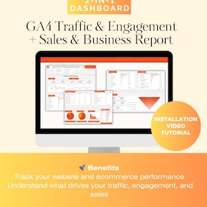 May include: A digital 2-in-1 dashboard displayed on a computer monitor, featuring GA4 traffic, engagement, sales, and business reports. The interface includes charts, tables, and data visualizations. An orange circle highlights an installation video tutorial.