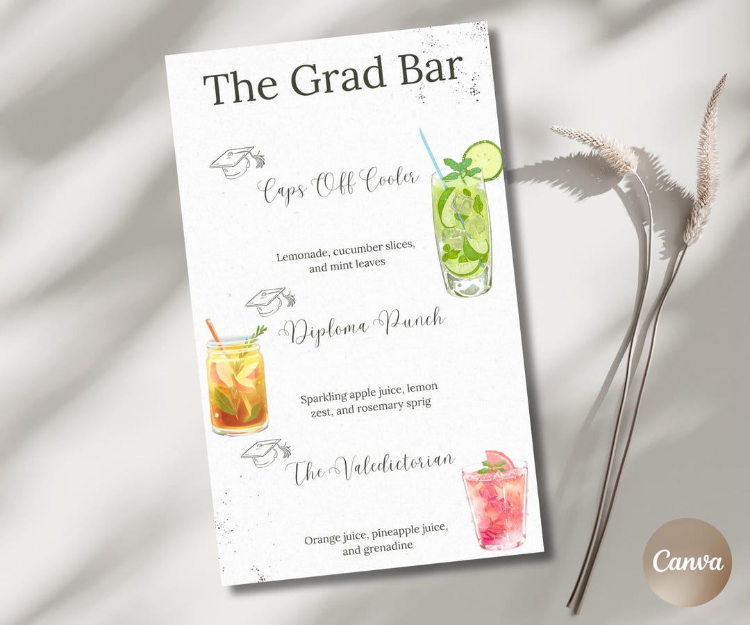 Graduation Bar Menu. Example Minimalist Graduation Drink Bar Sign Editable Canva Template Drink Menu ...