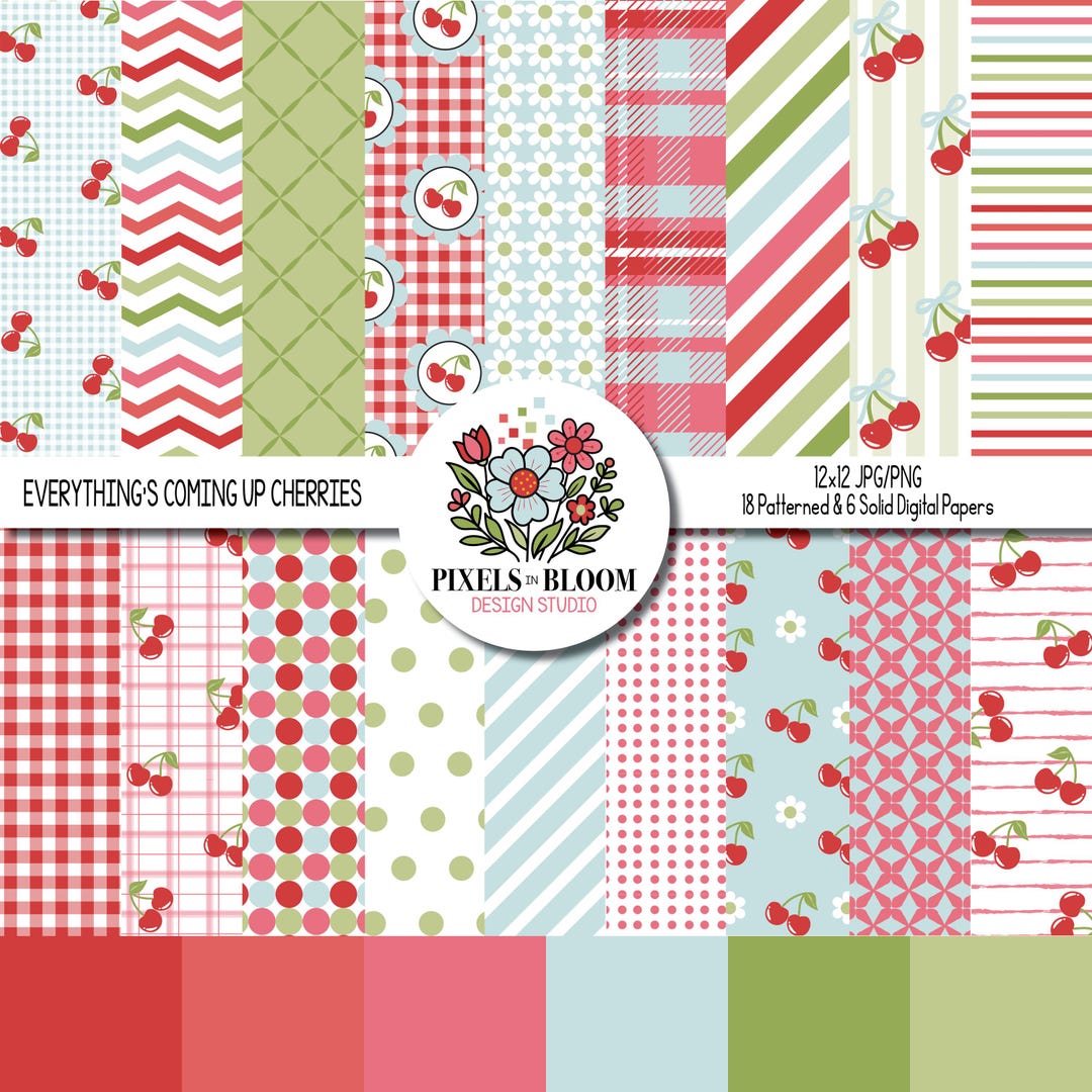 Cherry Digital Paper Pack: Retro Patterns, Red, Pink, Blue (digital ...