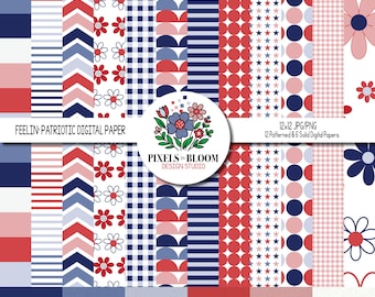 Feelin' Patriotic, Red White & Blue Digital Paper, Stars, Stripes, Patterns