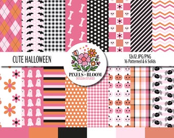 Cute Halloween Digital Paper Pack: Pink, Orange, Black Scrapbook Paper, Ghosts, Pumpkins, Bats, Skulls – Printable Digital Papers
