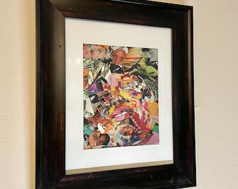 May include: A framed collage art piece featuring a vibrant mix of colors and textures. The artwork is composed of various cut-out images, creating a layered and abstract composition. The frame is dark brown, adding a classic touch to the modern art.
