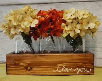 I LOVE YOU table decor, mason jar centerpiece, rustic centerpiece, Kitchen decor, Housewarming gift, wedding gift, stenciled box, wood box