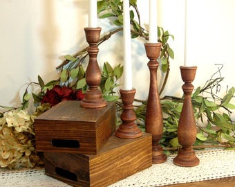 Wood Candlesticks, Taper Candlesticks, Wooden Candle Sticks, Candle Centerpiece, Wedding Candles, Living Room Decor, Stained Candle sticks