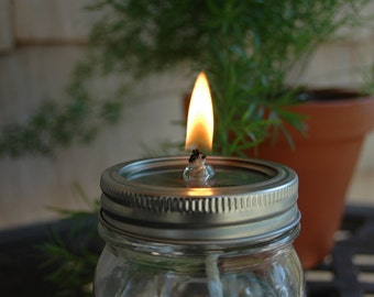 Jar lid with glass wick insert and wick to convert Mason jar into an oil candle