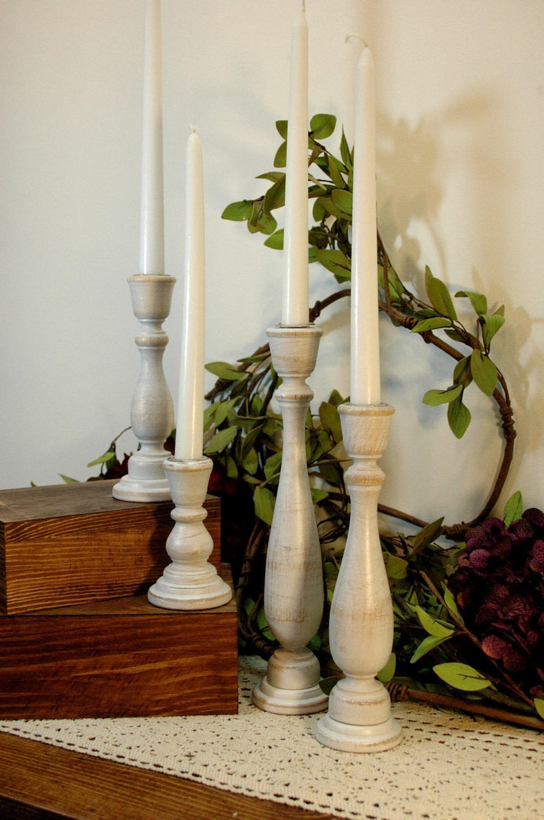 Painted Wood Candlesticks Taper Candlesticks Wooden Candle Etsy