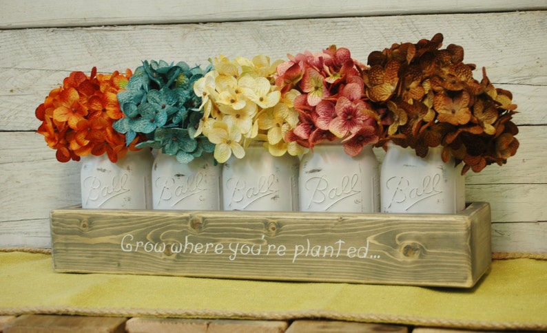 Grow Where You're Planted Mason jar caddy , wedding decor, kitchen decor, bedroom, rustic centerpiece, wedding gift, Spring Summer decor image 2