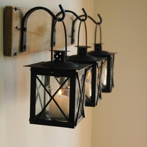 Black Lantern Trio Wall Decor, Home Decor, Rustic Decor, hanging from wrought iron hooks on wood board image 2