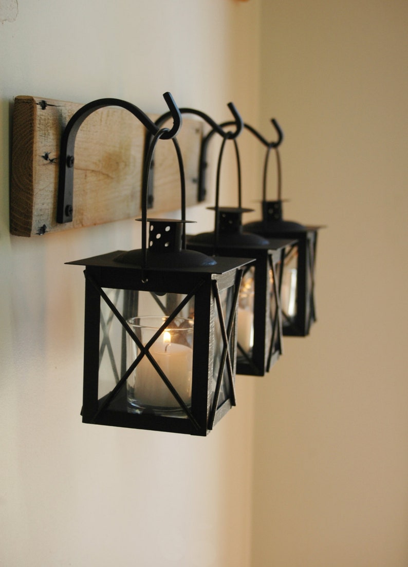 Black Lantern Trio Wall Decor, Home Decor, Rustic Decor, hanging from wrought iron hooks on wood board image 2