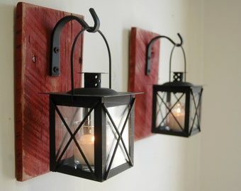 Lantern Pair (2) Wall Decor with wrought iron hooks on recycled wood board for unique home decor, bedroom decor