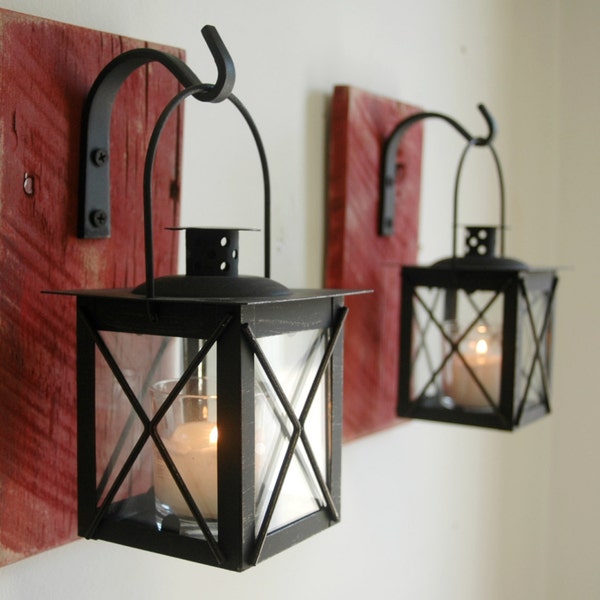 Lantern Pair (2) Wall Decor with wrought iron hooks on recycled wood board for unique home decor, bedroom decor