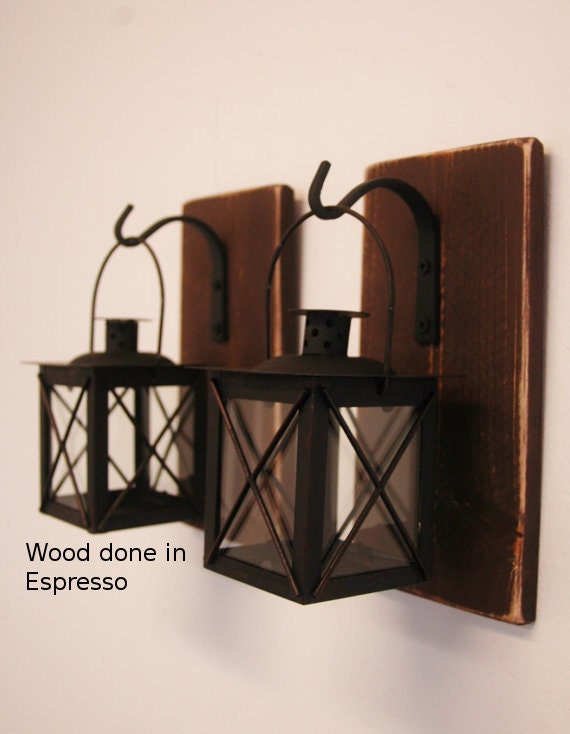 Black Lantern Pair 2 With Wrought Iron Hooks on Recycled Wood