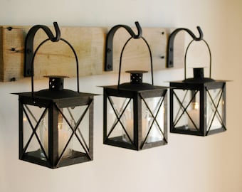 Black Lantern Trio Wall Decor, Home Decor, Rustic Decor, hanging from wrought iron hooks on wood board