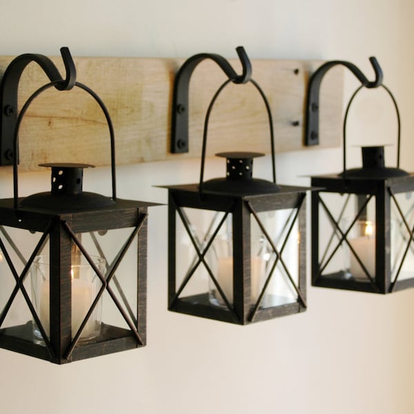 Black Lantern Trio Wall Decor, Home Decor, Rustic Decor, hanging from wrought iron hooks on wood board