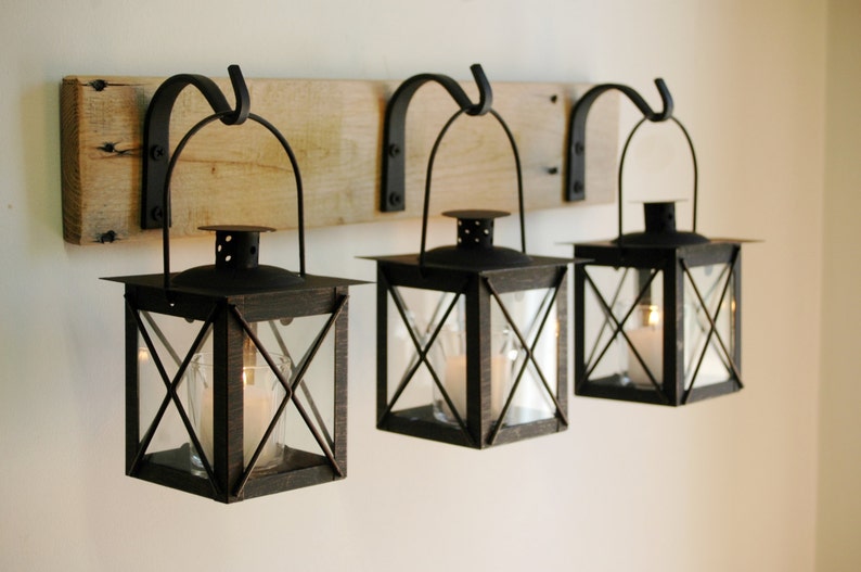 Black Lantern Trio Wall Decor, Home Decor, Rustic Decor, hanging from wrought iron hooks on wood board 