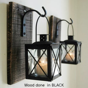 Black Lantern Pair (2) with wrought iron hooks on recycled wood board for unique wall decor, home decor, bedroom decor