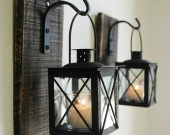 Black Lantern Pair (2) with wrought iron hooks on recycled wood board for unique wall decor, home decor, bedroom decor