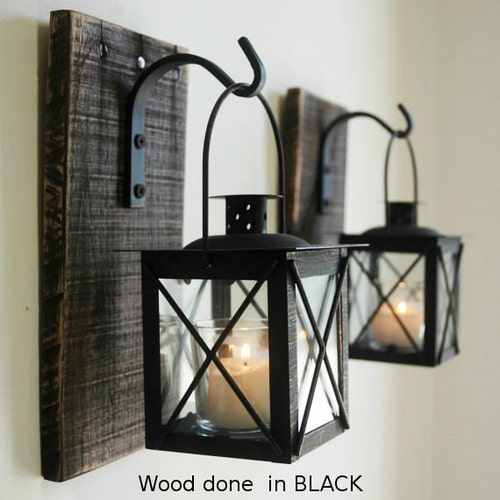 White Moroccan lanterns wall decor wrought iron hook 2 wall sconces rustic wood boards housewarming gift bathroom decor