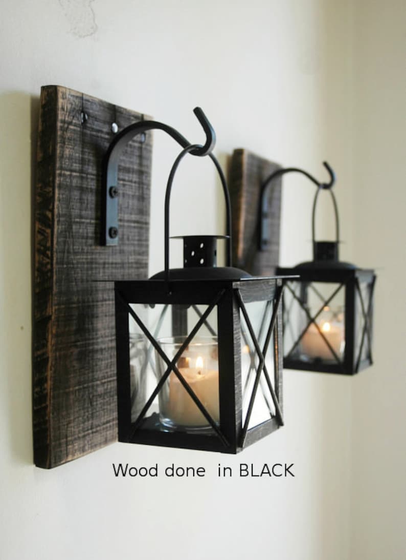 Black Lantern Pair 2 with wrought iron hooks on recycled wood board for unique wall decor, home decor, bedroom decor image 1