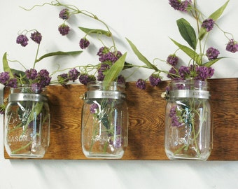 Stained Knotty Pine board with 3 clear mason jars, home decor, wall decor, rustic decor, Fall decor, bedroom decor, kitchen decor