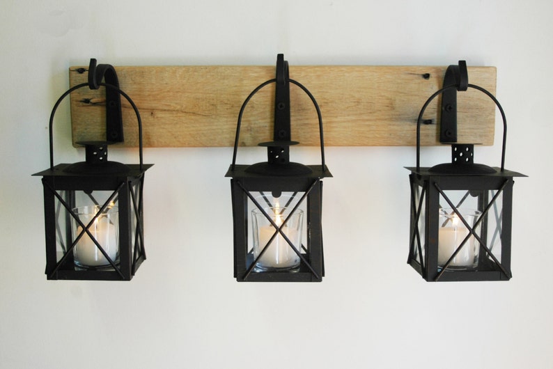 Black Lantern Trio Wall Decor, Home Decor, Rustic Decor, hanging from wrought iron hooks on wood board image 3