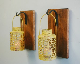 Shabby Chic Yellow Lantern Pair, Farmhouse decor, wall decor, home decor, bedroom decor, Wall sconce, Shabby chic, Country kitchen, yellow