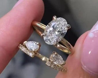 Solid gold oval cut moissanite wedding ring set art deco classic bridal set with matching band Insert wedding ring set for women