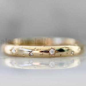 14k Solid Gold Dainty Star Setting Anniversary Band Vintage Starburst Wedding Band Pave Celestial Ring Matching Band His - Her Wedding Ring