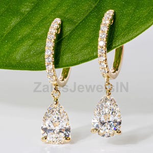 Pear & Round Moissanite Diamond Dangle Drop Earrings Pear Moissanite Earrings Teardrop Drop Earrings with Side Round Huggie Earrings