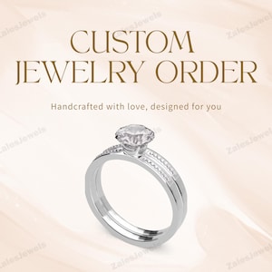 Puede incluir: Un juego de anillos de compromiso de plata con una gema grande y transparente y una banda a juego. La imagen incluye el texto "CUSTOM JEWELRY ORDER" y "Handcrafted with love, designed for you."