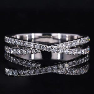 Crossover Matching Wedding Band Women Half Eternity Stacking Engagement Ring Round Brilliant Cut Moissanite Ring Anniversary Gift For Her