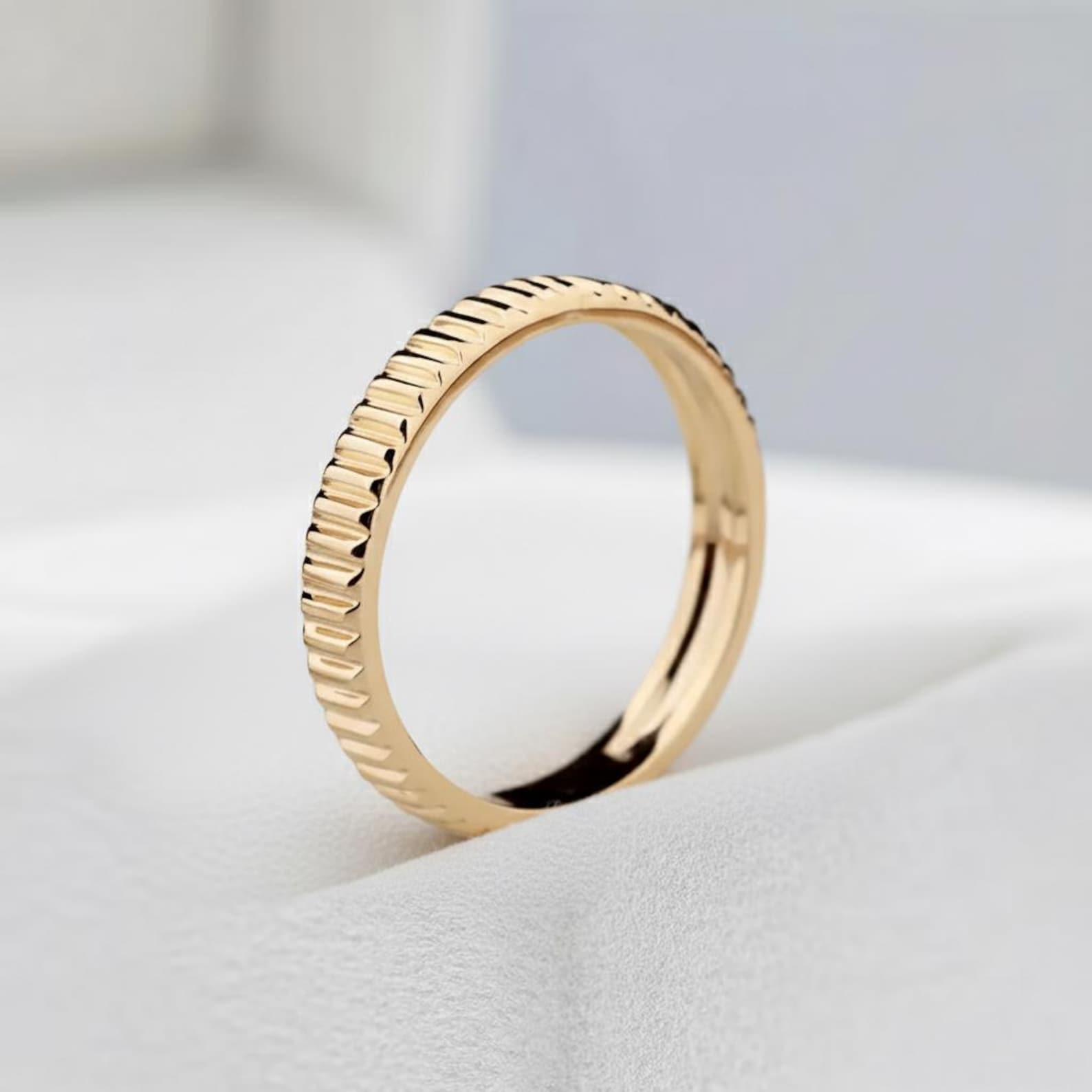 14k Solid Gold Ribbed Band Plain Gold Ring Thick Gold Stacking Ring ...