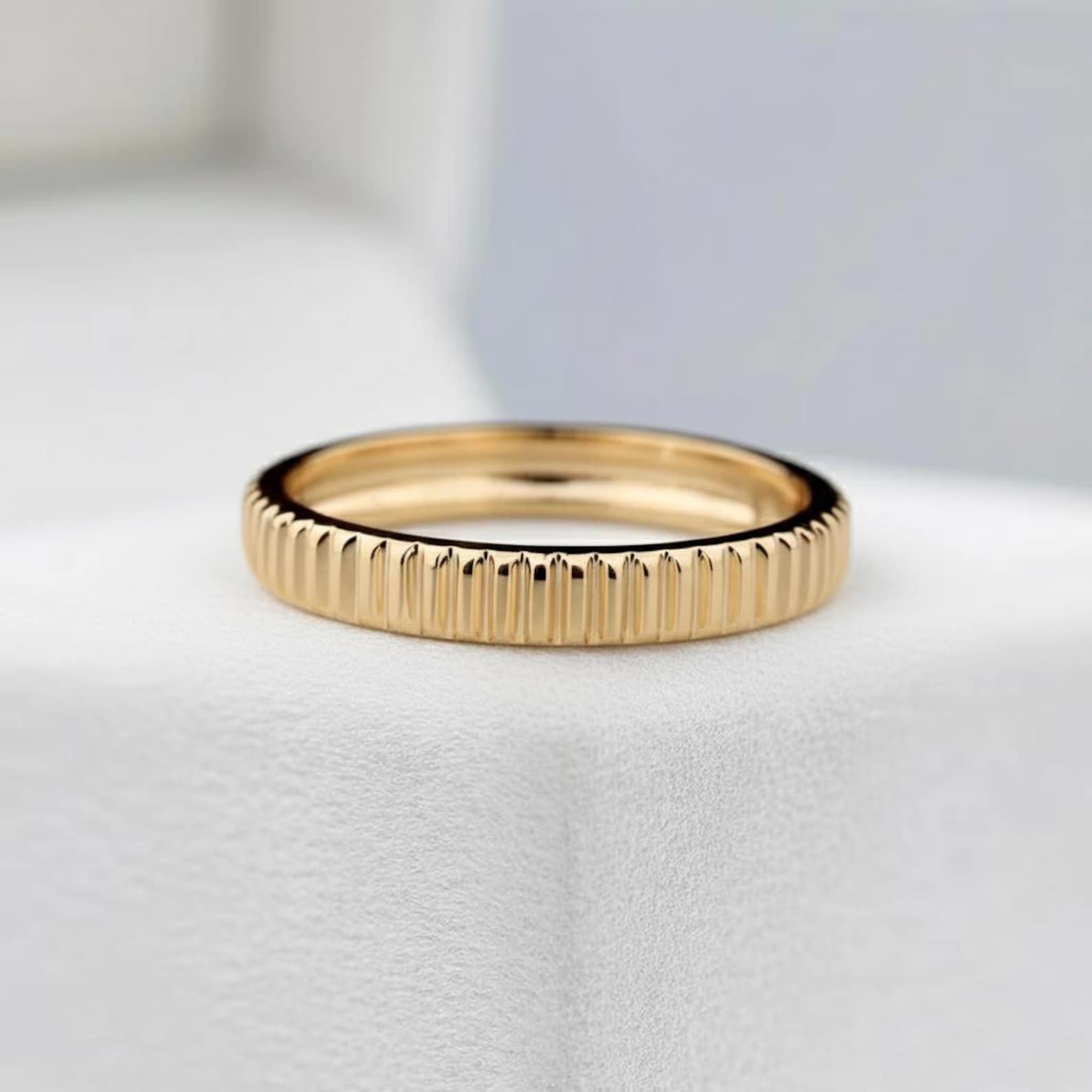 14k Solid Gold Ribbed Band Plain Gold Ring Thick Gold Stacking Ring ...