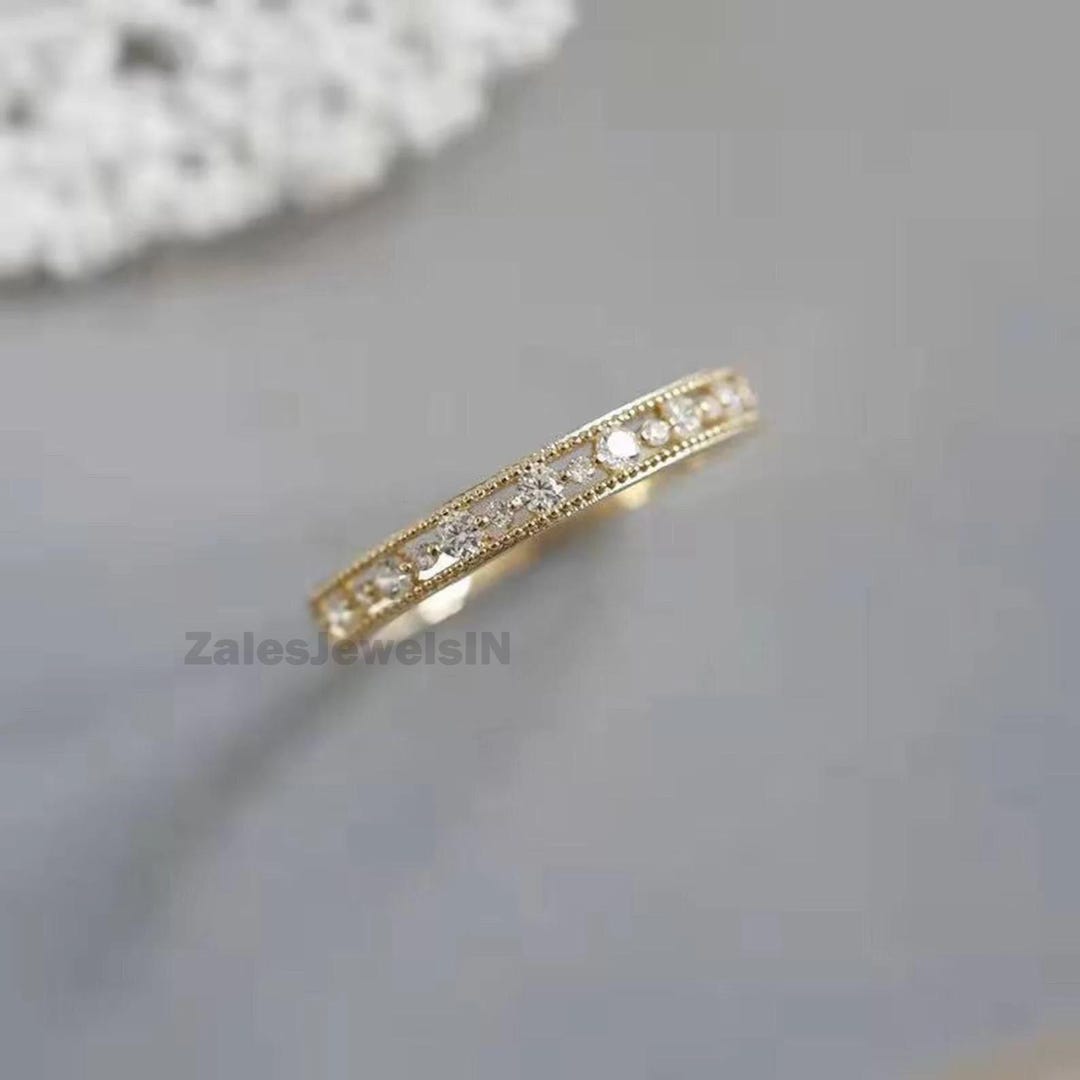 Round Cut Moissanite Wedding Band 14K Yellow Gold Wedding Ring Half ...