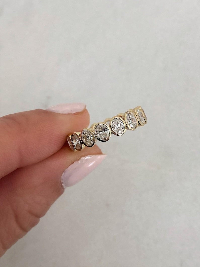Bezel Set Oval Cut Moissanite Wedding Band, Full Eternity Stacking Band ...