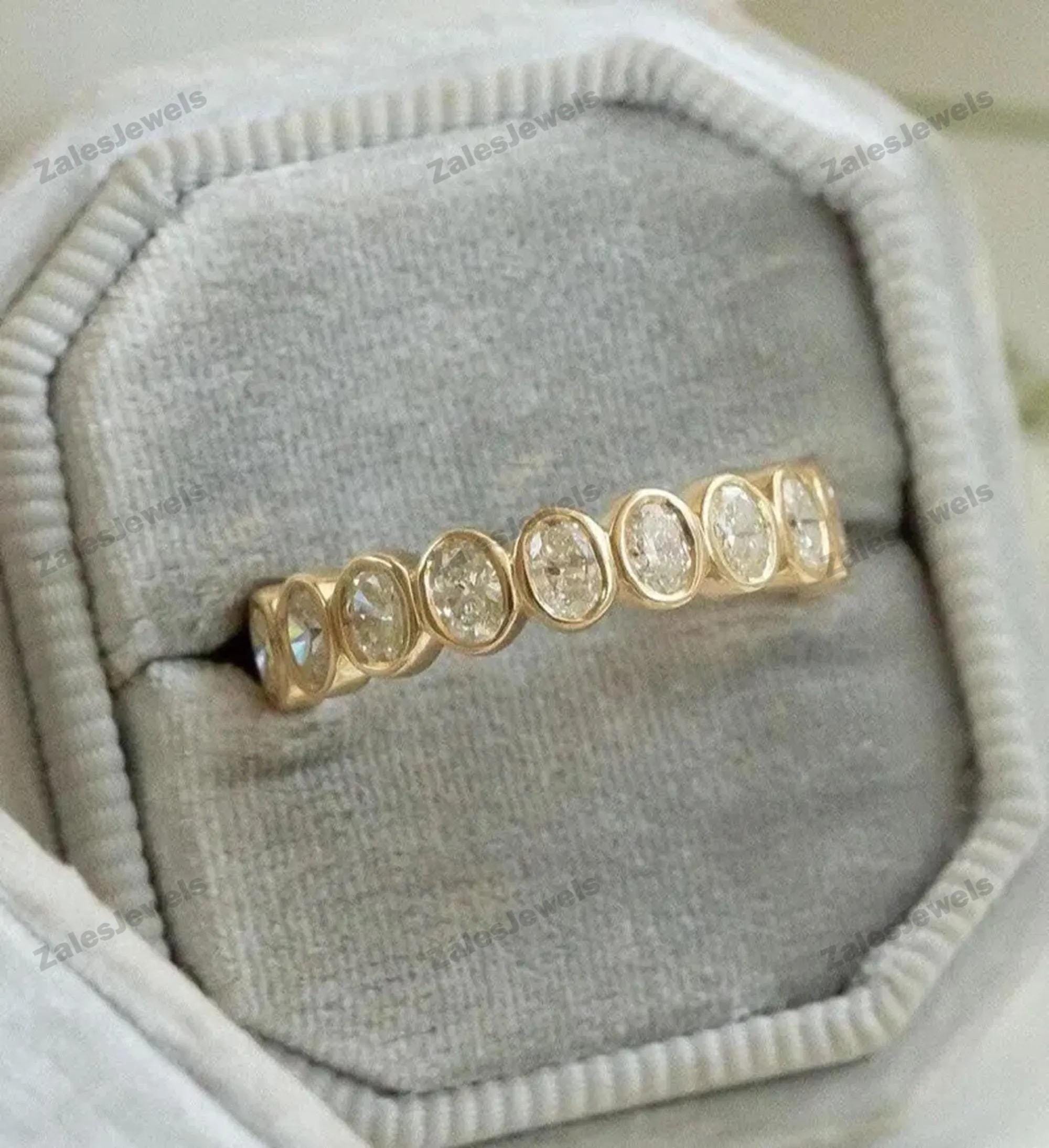 14k Solid Gold Bezel Set Oval Cut Moissanite Wedding Band Half Eternity ...
