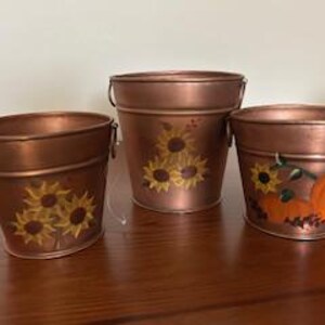Peut inclure: Trois seaux en métal couleur cuivre. Deux seaux présentent des motifs de tournesols, tandis que le troisième a des citrouilles et des tournesols. Chaque seau a une petite poignée. Les seaux sont sur une surface en bois.