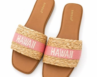 Bamboo Women’s Slide Sandals Size 10 Pink Raffia Hawaii Strap NIB