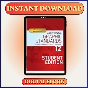 Puede incluir: Una tableta muestra un libro electrónico digital con una portada roja. El libro electrónico se titula "Architectural Graphic Standards 12 Student Edition". El banner superior dice "Descarga instantánea", y el banner inferior dice "Libro electrónico digital".