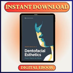 Puede incluir: Una tableta muestra un libro electrónico digital titulado "Dentofacial Esthetics From Macro to Micro". La portada presenta un perfil turquesa y amarillo sobre un fondo oscuro. También se ven las palabras "Descarga instantánea" y "Libro electrónico digital".