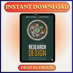 Puede incluir: Un libro electrónico digital titulado "Research Design" en una tableta. La portada es de color verde oscuro con el título en letras grandes y en negrita. Los textos "INSTANT DOWNLOAD" y "DIGITAL EBOOK" están en pancartas naranjas. El libro es la quinta edición.