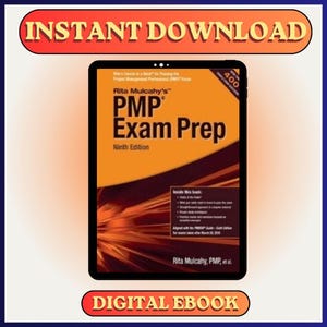 May include: A digital ebook titled "PMP Exam Prep" by Rita Mulcahy, Ninth Edition, displayed on a tablet. The cover is orange and brown with the text "Instant Download" and "Digital Ebook" in the image.
