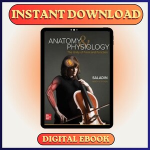 Peut inclure: Une couverture de livre numérique pour "Anatomie et Physiologie : L'unité de la forme et de la fonction" de Saladin. Elle présente une personne jouant du violoncelle avec des illustrations anatomiques. Les mots "Téléchargement instantané" et "Ebook numérique" sont également affichés.