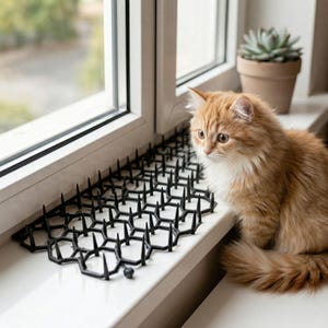 Può includere: Un tappetino dissuasore per gatti in plastica nera con punte è su un davanzale bianco. Un gatto arancione e bianco guarda fuori dalla finestra. Una pianta succulenta in vaso è visibile sullo sfondo.