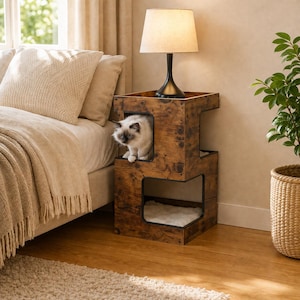 Árbol rascador de madera para gatos de 2 niveles – Refugio cerrado con cojín lavable – Rascador de sisal desmontable – Diseño minimalista – Beige o marrón