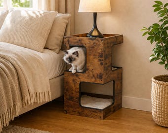 Wooden Cat Tree 2 Levels – Enclosed Hideaway Washable Cushion – Detachable Sisal Scratcher – Minimalist Design – Beige or Brown
